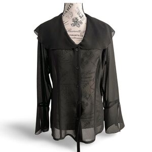 🇨🇦 90s Black Sheer Chiffon Blouse Draped Collar Romantic Gothic Size Medium